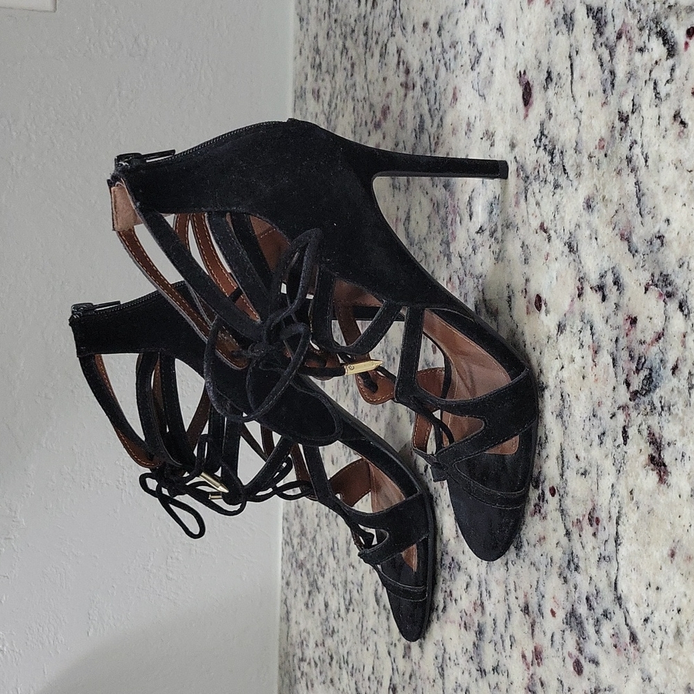 Women black suede lace up heels